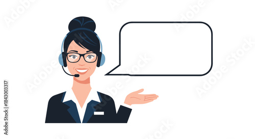 Friendly female customer service agent wearing a headset and glasses greets customers and explains solutions using a large speech bubble during a support call.