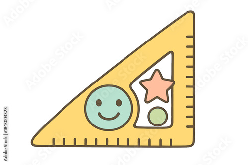 Playful Measurement Tool. A smiling measurement tool highlighting playful negative space shapes, gentle pastel accents, No text,