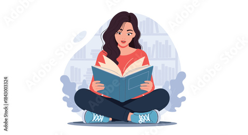 Young woman sits cross legged in a quiet library reading a large blue book with concentration while soft lighting highlights book shelves behind her.