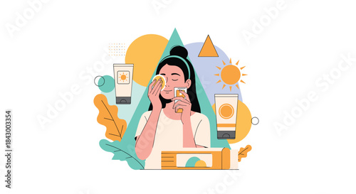 Person applies skincare products in a bright illustration showing a daily beauty routine with tubes sun shapes leaves and a box of cosmetics.