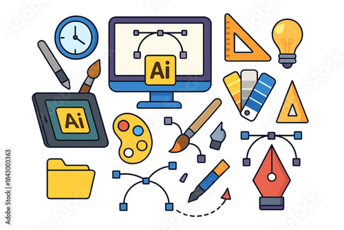 Graphic design flat icon set. featuring computer, stylus, paint, palette, color wheel, light bulb, file, idea, creativity, pencil icons