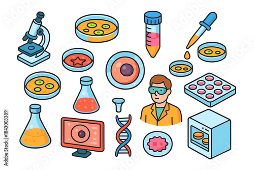 Biotechnology flat icon set. featuring microscope, petri dishes, test tube, scientist, dna, computer, and incubator