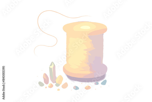 Floating Glowing Thread. A glowing hush thread floating above tiny joyful crystals, gentle pastel accents, No text, No labels,