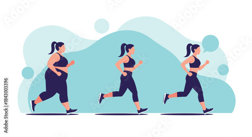 Three women jog in unison through a vivid abstract landscape as part of an outdoor fitness routine showcasing movement stamina teamwork and healthy living.