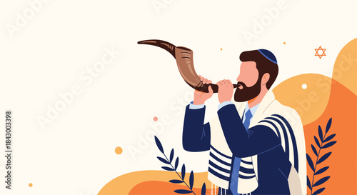 Man wearing a prayer shawl and kippah blows a shofar during a Jewish religious ceremony in a warm decorative scene with abstract shapes and leaves.