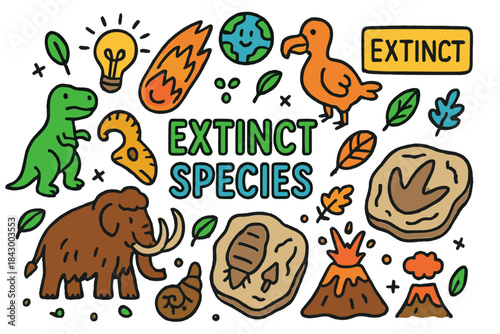 Extinct species flat icons set. featuring dinosaur, dodo, mammoth, fossil, volcano, and asteroid symbols