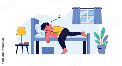 Calm bedroom scene shows a person peacefully sleeping on a bed in a bright room with a bedside lamp a window with blue curtains and a large potted plant nearby.