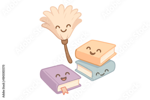 Floating Feather Duster. A smiling feather duster floating above joyful books, gentle pastel accents, No text, No labels, isolated