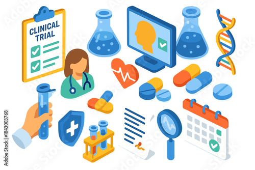 Medical research isometric icon set. featuring clinical trial, doctor, dna, microscope, test tubes, and pills symbols