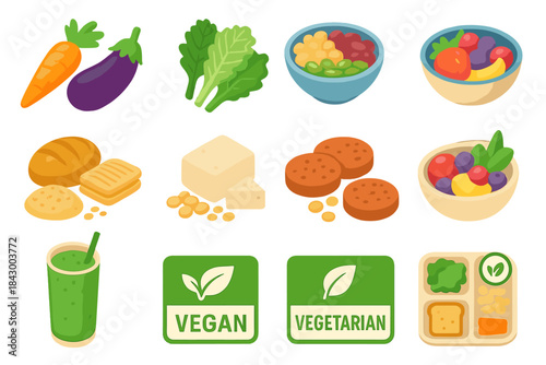 Vegan food flat icon set. featuring vegetables, salad, fruit, bread, tofu, smoothie, vegan, vegetarian symbols
