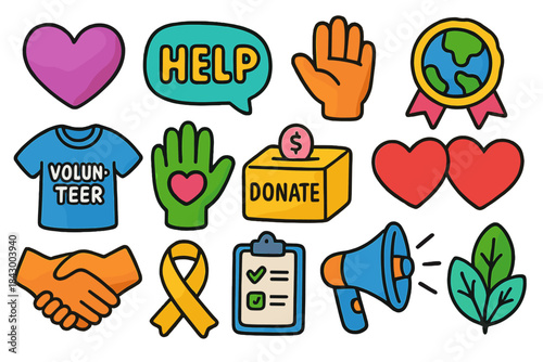 Charity and volunteering flat icon set. featuring heart, help, donation, handshake, megaphone, ribbon, globe