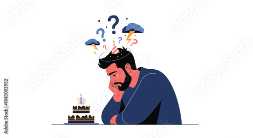 Man rests his head in contemplation as a birthday cake sits on the table and question marks umbrellas and thunderbolts swirl above his mind in confusion.