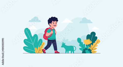 Cheerful boy with a red backpack hikes along a sunny nature trail as a curious goat and vibrant plants watch from the bright scene.