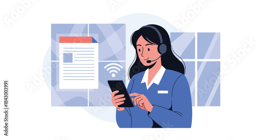 friendly customer service agent wearing a headset guides a client using a smartphone in a bright blue office setting with windows and digital documents visible.