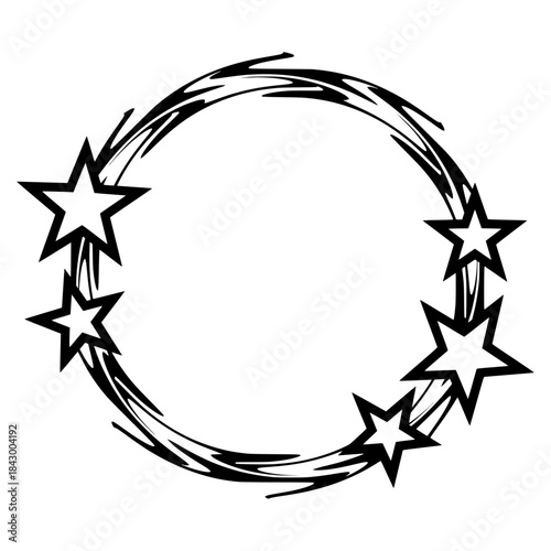 Dynamic circular frame design featuring five decorative stars with a hand-drawn, burst-like effect, perfect for festive graphic elements or special event borders