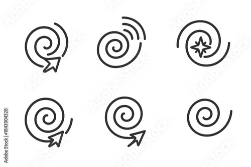 Reflective Swirl Icons. Icons for: a reflective swirl pointer, a mirrored vortex signal, a polished spiral compass, a glossy whirl