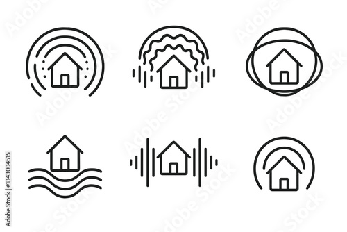 Rhythmic Shelter Icons. Line vector icons of rhythmic safety dwellings: pulsing protection shells, oscillating dome lines, musical