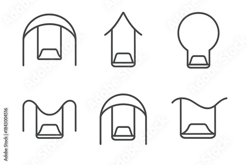 Swinging Sanctuary Icons. Line vector icons of swinging sanctuary proposals: curved shelter arcs, pendulum refuge lines, moving