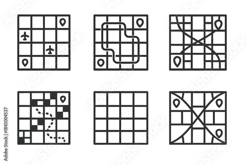 Checkered Journey Icons. Line vector icons of checkered journey fabrics: alternating travel squares, rhythmic route blocks,