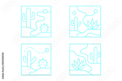 Neon Cactus Maps. Line vector icons of electric arid vegetation maps: neon cactus charts, bright succulent coordinates, radiant