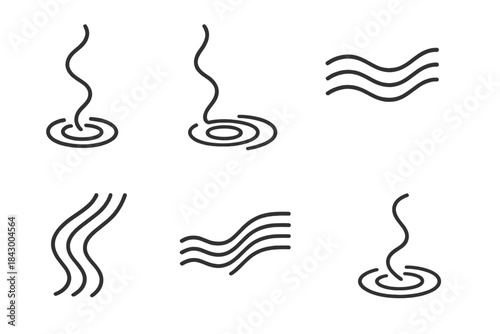 Stream Sharpness Icons. Line vector icons of a plush stream achieving sharpness: soft flow beginnings, focused ripple endings,