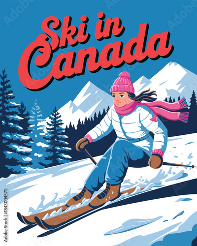 Ski in Canada vintage winter travel poster, alpine adventure illustration, scenic mountain skiing landscape, classic tourism artwork for cold season holidays