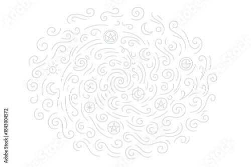 Ethereal Spiral Sigils. Line vector icons of a sheer vortex of sigils: transparent spiral symbols, airy magical swirls, faint