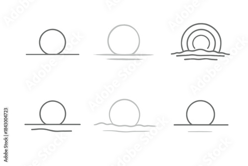 Distant Circular Icons. Line style icons of distant circular presence: horizon circle under empty sky, diffused ring rising from