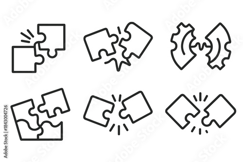 Dynamic Puzzle Connection. Line style icons of a sudden fit of interlocking parts: dynamic connection between curved puzzle edges,