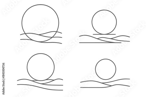 Serene Floating Rings. Line style icons of a quiet ring in distant lands: thin circular outline over minimal landscape, faint halo