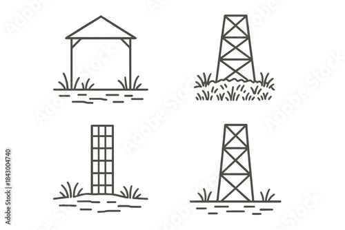 Parched Grassland Icons. Line style icons of a parched grassland structure: slender frame amid sparse blades, dry terrain beneath