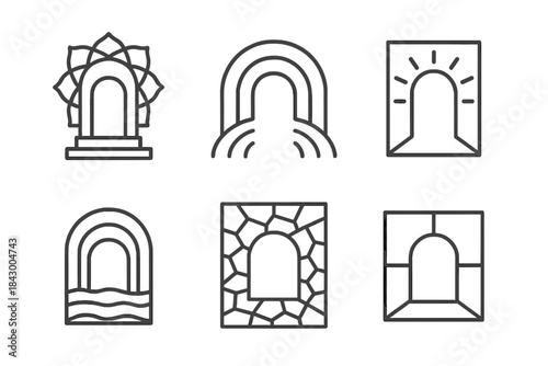 Geometric Portal Icons. Line style icons of symbolic access geometry: embedded portal centered within ornament, harmonic arcs