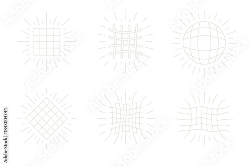 Luminous Magnetic Weave. Line style icons of luminous woven magnetism: intricate grid emitting bright motion lines, rhythmic weave