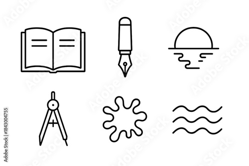 Line Style Tools. Line style icons of writing instrument on landing: open journal, fountain pen, waterfront background, measuring