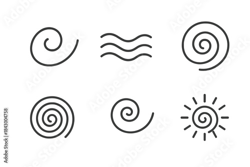 Spiritual Spiral Icons. Line style icons of spiritual spiral motion: curved devotion line, gentle flow, aura ring, concentric