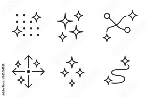 Twinkling Line Icons. Line style icons of twinkling matrix: dotted mesh, radiant stars, linked routes, directional pattern, bright