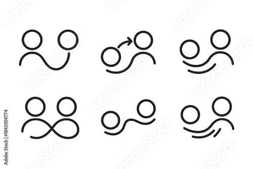 Connected Meeting Paths. Line style icons of nudging trip meeting point: curved paths, contact dots, slight displacement, linked