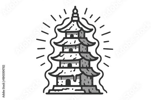 Time-Worn Pagoda Icons. Line style icons of time-worn pagoda spectra: multi-tiered tower, light rays, weathered edges, curved roof