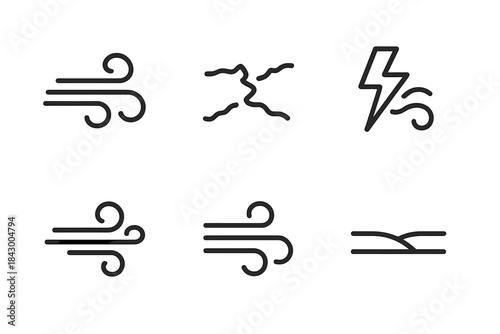 Windy Line Icons. Line style icons of windy partition of marvels: air current, broken stream, lightning trace, split channel, wind