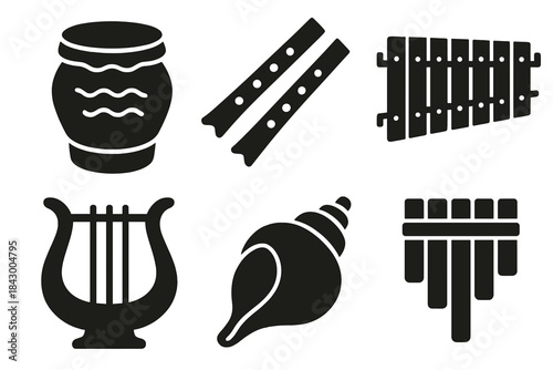 Ancient Music Instruments Icons. Solid style icons of early musical recording tools: clay drums, bone flutes, wooden xylophones,