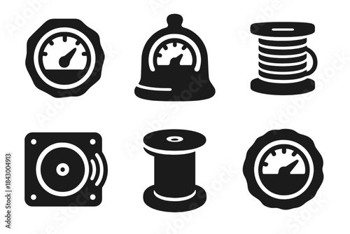 Material Fusion Icons. Solid style icons of material fusion: glass-clay hybrid gauge, porcelain-metal meter, ceramic fiber reel,