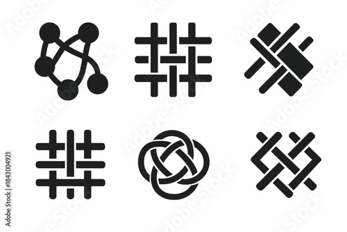 Intellectual Weaving Icons. Solid style icons of intellectual weaving: conceptual fiber network, logical strand grid, mental