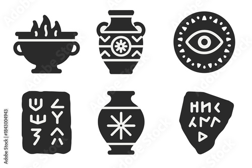 Ancient Mystical Artifacts. Solid style icons of ancient mysticism: engraved ritual bowl, carved symbolic jar, patterned
