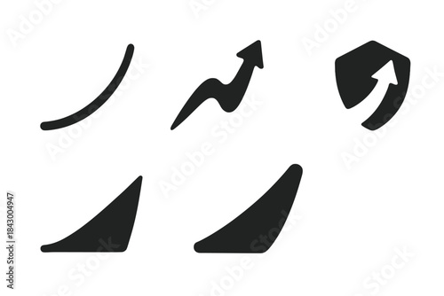 Creative Momentum Icons. Solid style icons of creative momentum: rising curve emblem, flowing ascent motif, uplifting shape crest,