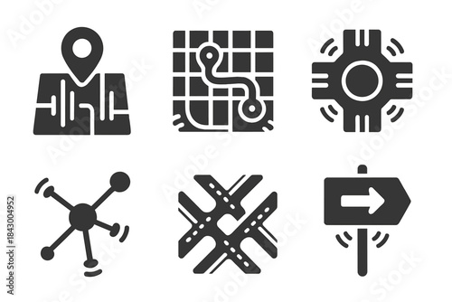 Urban Motion Icons. Solid style icons of urban movement: traffic pulse map, route vibration grid, city intersection ring, motion