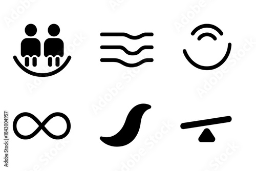 Emotional Motion Icons. Solid style icons of emotional motion: comforting swing arc, gentle rocking path, nurturing rhythm beam,