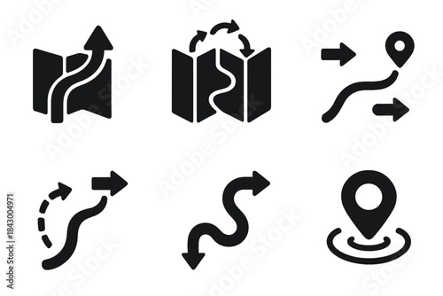 Adaptive System Icons. Solid style icons of adaptive systems: self-adjusting route symbol, evolving map flow, flexible path