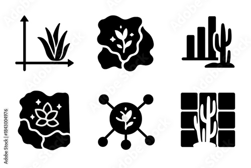 Scientific Desert Mapping Icons. Solid style icons of scientific desert mapping: xerophyte coordinate graph, glowing plant field