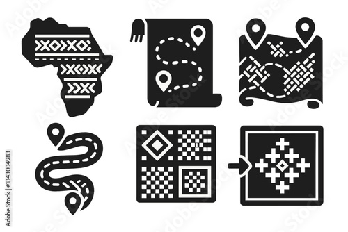 Cultural Mapping Icons. Solid style icons of cultural mapping: tribal weave map, heritage textile route, woven nomadic path,