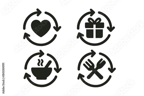 Cyclical Desire Icons. Solid style icons of cyclical yearning: turning desire production, swiveling wish results, rotating longing
